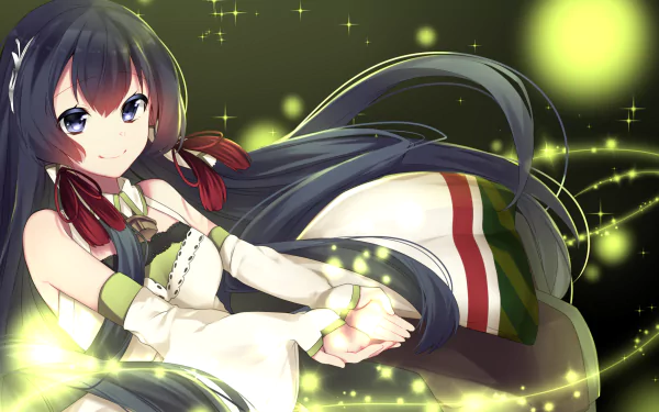 A charming anime girl with long black hair and blue eyes smiles while wearing a white dress. She is Mizuho from Kantai Collection, surrounded by a vibrant, glowing background.