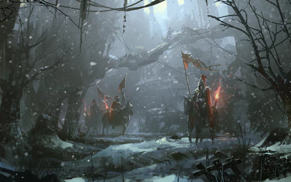 A fantasy warrior in armor rides a horse through a snowy landscape, surrounded by trees and flames, evoking a mystical atmosphere in this HD desktop wallpaper.