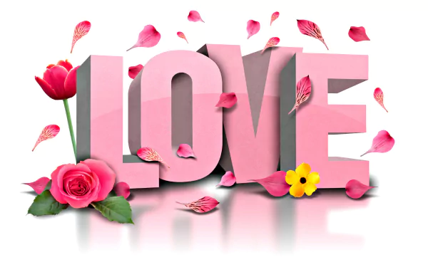 HD desktop wallpaper featuring the word LOVE in pink, surrounded by pink tulip and rose petals, flowers, and small blooms, evoking a Valentine's Day holiday theme.