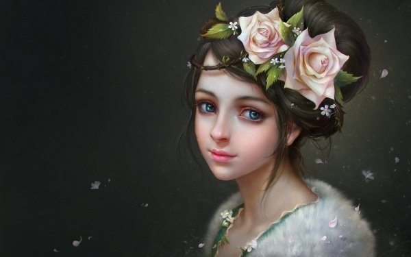 Women Artistic Painting Face Blue Eyes Flower Hair Brunette Rose Pink HD Wallpaper | Background Image