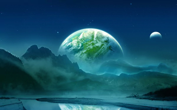 A stunning sci-fi scene featuring a large planet rising over a serene landscape, with mountains and a reflective body of water, creating a captivating HD desktop wallpaper.