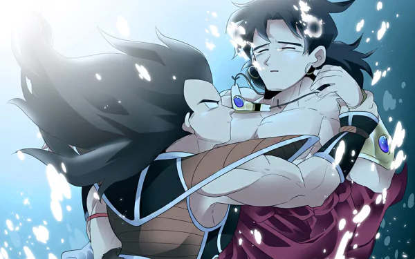 HD desktop wallpaper featuring Raditz and Broly from Dragon Ball, depicted in an emotional embrace. Bright, ethereal lighting and floating particles add a dramatic effect to the anime scene from Dragon Ball Z.