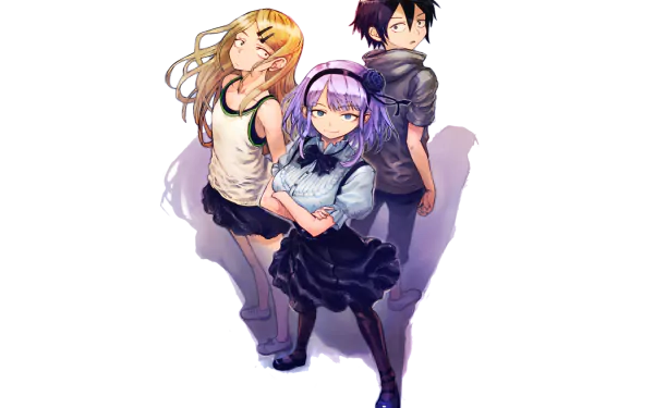 Three characters from the anime Dagashi Kashi—Kokonotsu Shikada, Endou Saya, and Shidare Hotaru—stand together in a dynamic HD wallpaper, showcasing their vibrant personalities.