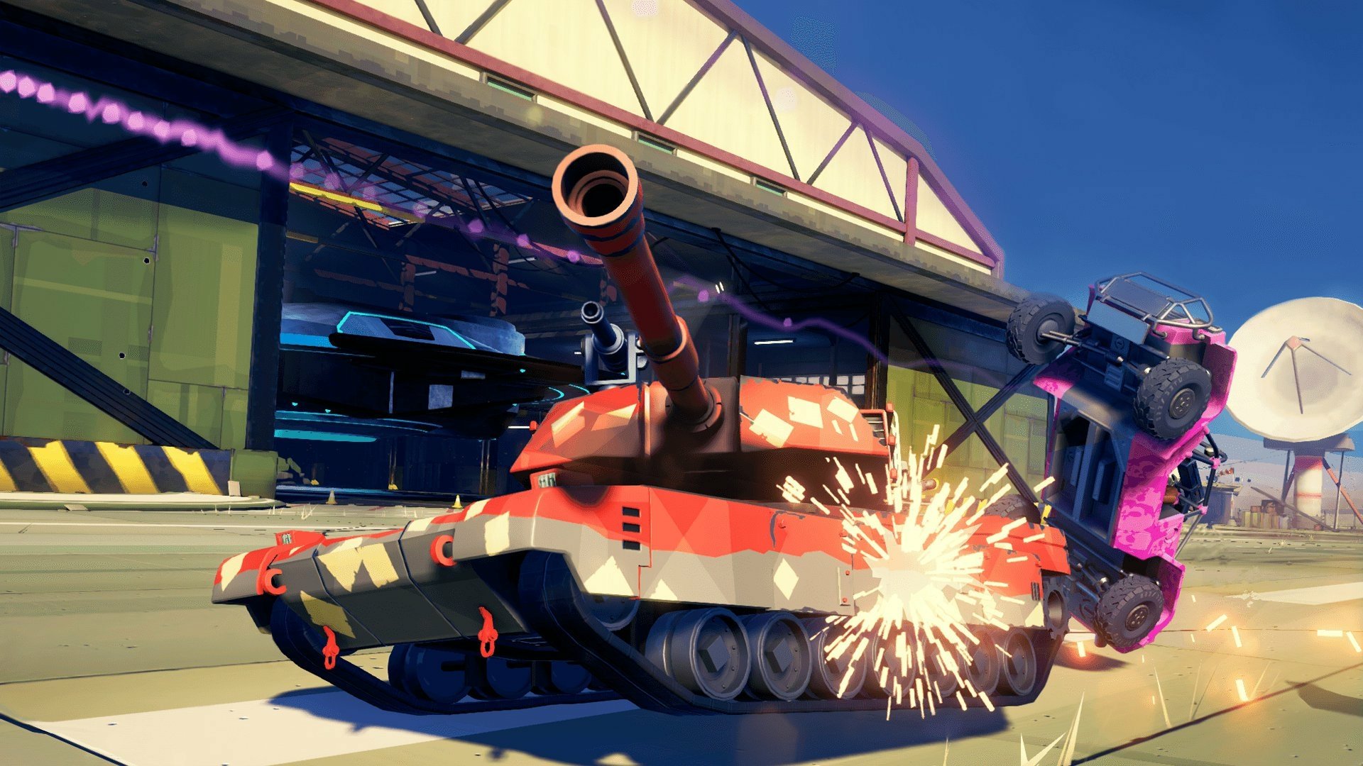 A dynamic HD desktop wallpaper featuring intense action from the video game Hardware: Rivals, showcasing a colorful tank firing as it battles an airborne car.