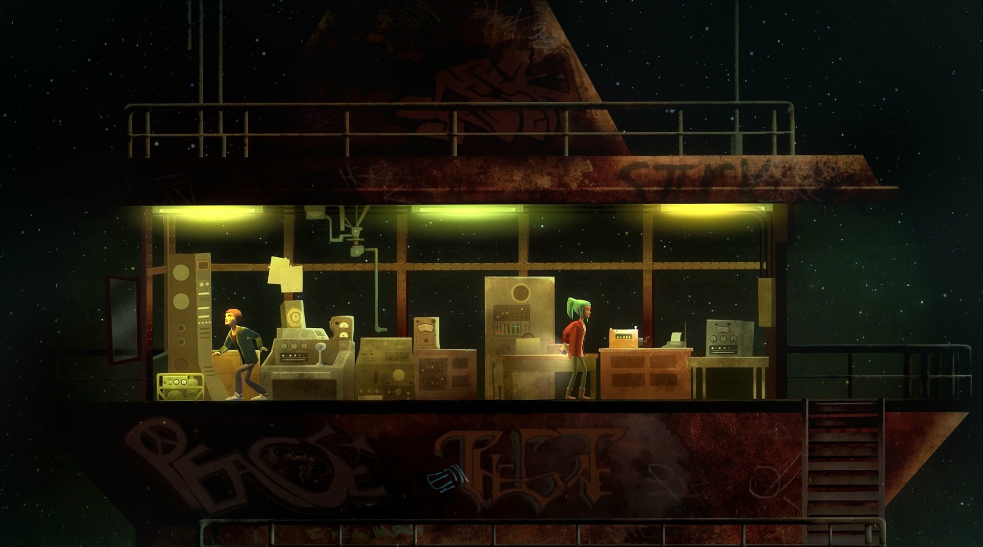 HD desktop wallpaper featuring an atmospheric scene from Oxenfree with characters in a dimly lit store.