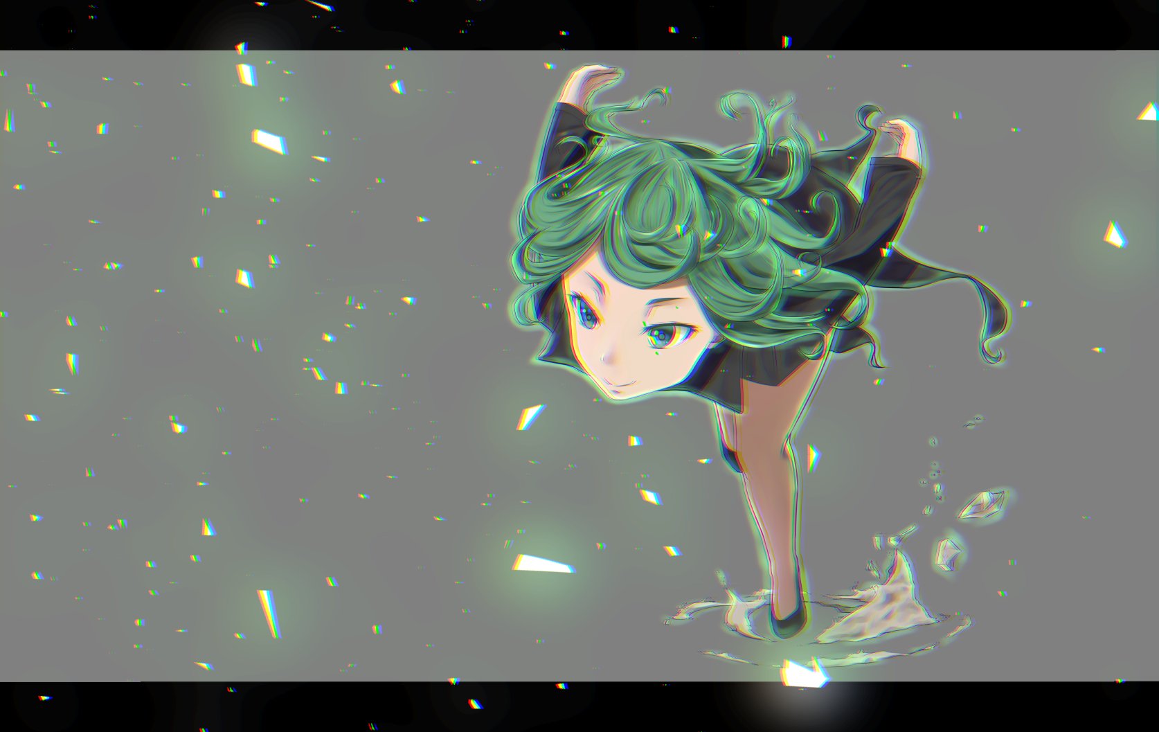 HD PC desktop wallpaper featuring Tatsumaki from the anime One-Punch Man, showcasing her dynamic pose with vibrant green hair and a stylized, glitchy effect.