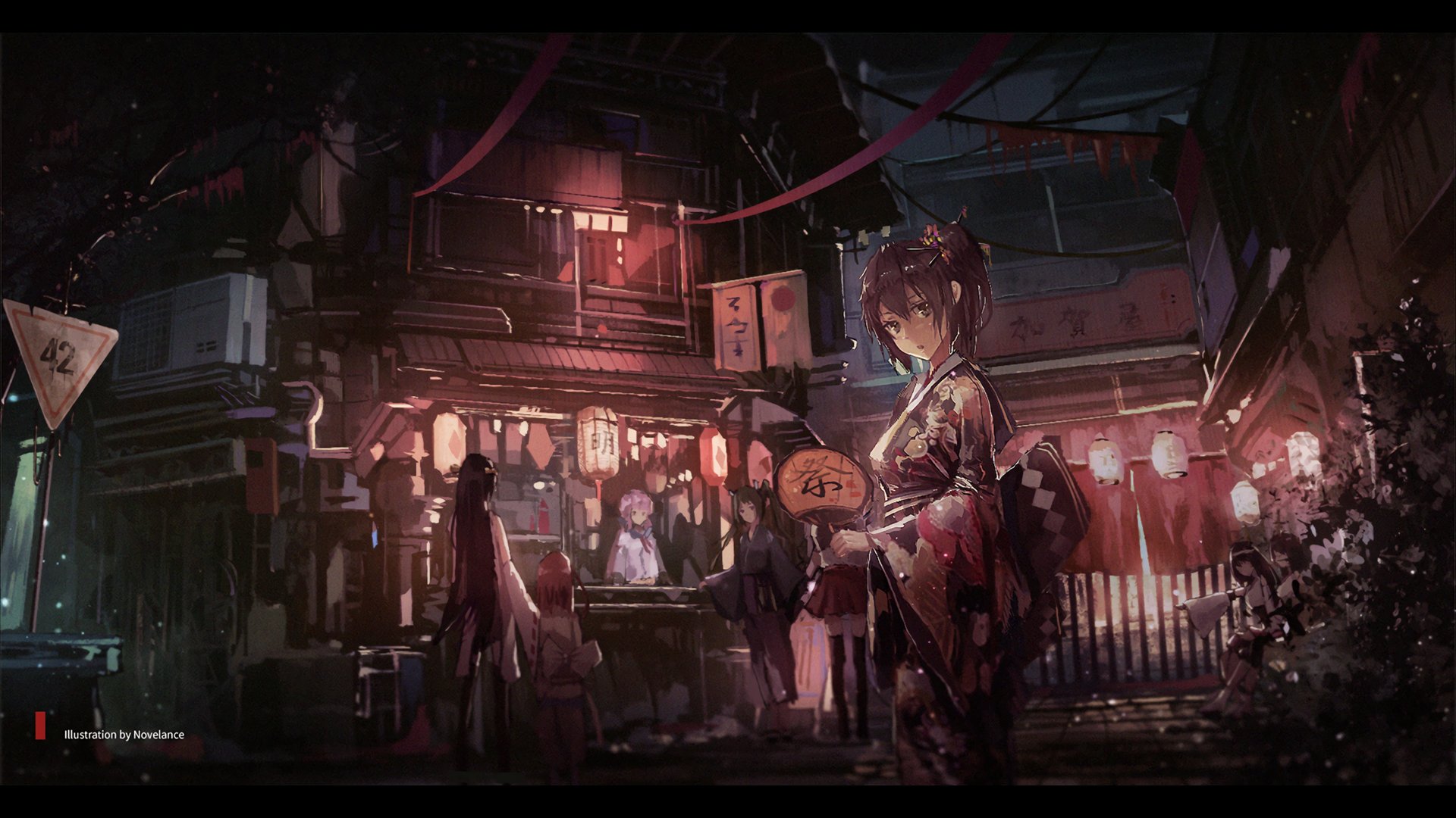 An HD desktop wallpaper featuring an anime scene from Kantai Collection. It depicts a traditional Japanese street at night, adorned with lanterns, and a character in a kimono standing in the foreground.