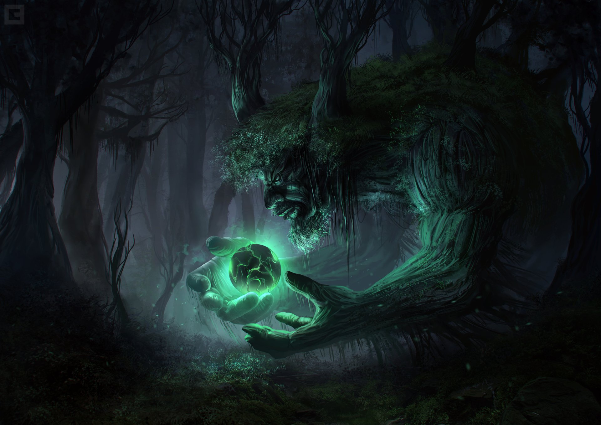 A magical forest scene featuring a giant, fantasy creature holding a glowing, green orb. The HD desktop wallpaper showcases the enchanting and mysterious atmosphere of the dark woods.