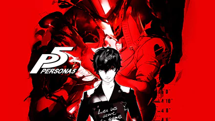 HD desktop wallpaper featuring the protagonist from Persona 5, with a dynamic red and black design theme.