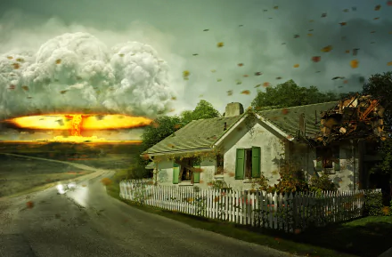 A surreal scene depicting a house beside a winding road, overshadowed by a towering nuclear mushroom cloud, evoking themes of Sci-Fi and apocalyptic destruction.
