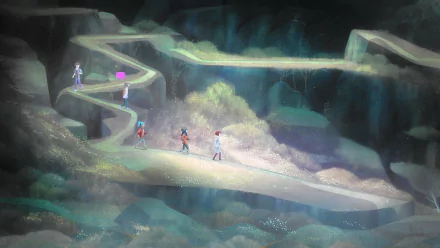 HD desktop wallpaper from Oxenfree featuring characters exploring mysterious cave pathways.