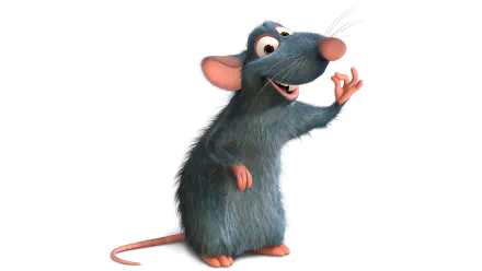 HD desktop wallpaper featuring Remy from the movie Ratatouille, the charming rat chef with a playful expression, signaling perfection with his paw.