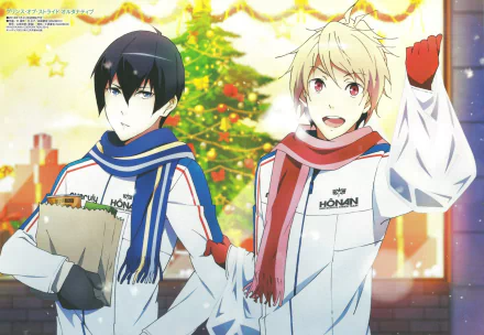 HD anime PC wallpaper featuring Riku Yagami and Takeru Fujiwara from Prince of Stride Alternative, dressed in winter attire with a decorated Christmas tree backdrop.