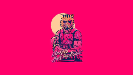 2K Quad HD PC wallpaper of the Hotline Miami video game Hotline Miami 2: Wrong Number — tiger‑masked, blood‑splattered figure in jacket and vest against a neon pink background with a moon.