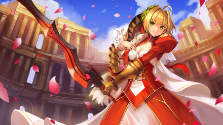 Red Saber from the Fate series stands confidently in a grand setting, wielding a sword. Her blonde hair, green eyes, and flower accent complement her armored red dress amidst falling petals.