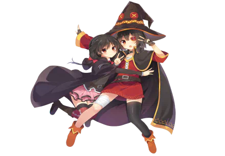 A vibrant HD wallpaper featuring Yunyun and Megumin from KonoSuba: God’s Blessing on This Wonderful World!!, showcasing their playful camaraderie in a colorful anime style.