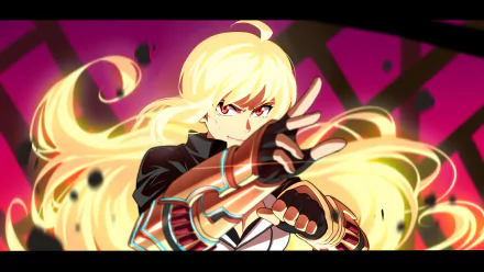 HD PC desktop wallpaper featuring Yang Xiao Long from RWBY in her Hunter Outfit, depicted in dynamic anime style with vibrant colors and intense expression.