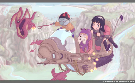HD anime wallpaper featuring Pilaf, Shu, and Mai from Dragon Ball Z riding a futuristic flying vehicle with a small dragon against a cloudy sky background.