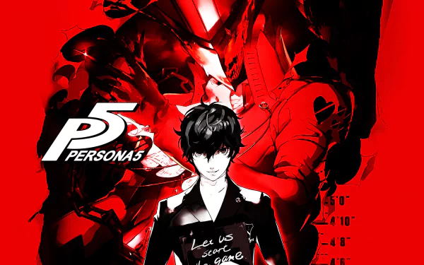 HD desktop wallpaper featuring the protagonist from Persona 5, with a dynamic red and black design theme.