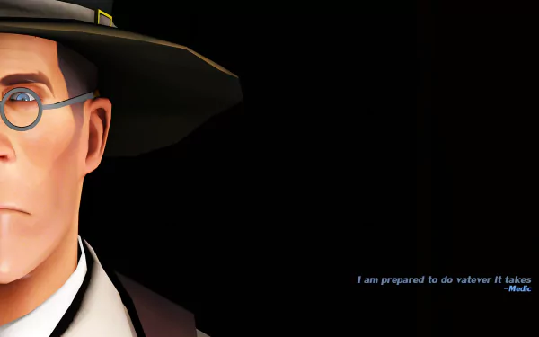 HD PC desktop wallpaper: Team Fortress 2 Medic in a dark, shadowed left profile against a black background with a small blue quote — video game, dark gaming aesthetic.