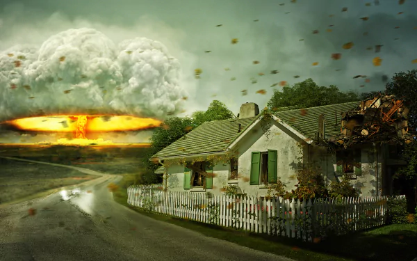 A surreal scene depicting a house beside a winding road, overshadowed by a towering nuclear mushroom cloud, evoking themes of Sci-Fi and apocalyptic destruction.
