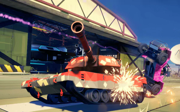 A dynamic HD desktop wallpaper featuring intense action from the video game Hardware: Rivals, showcasing a colorful tank firing as it battles an airborne car.