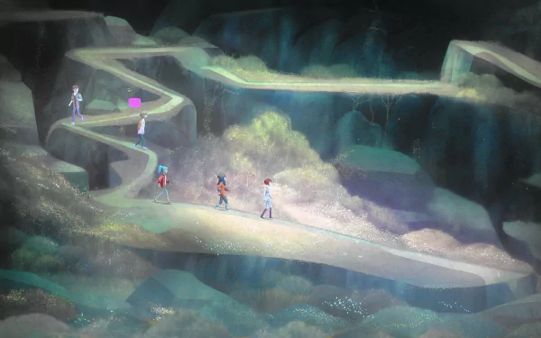HD desktop wallpaper from Oxenfree featuring characters exploring mysterious cave pathways.