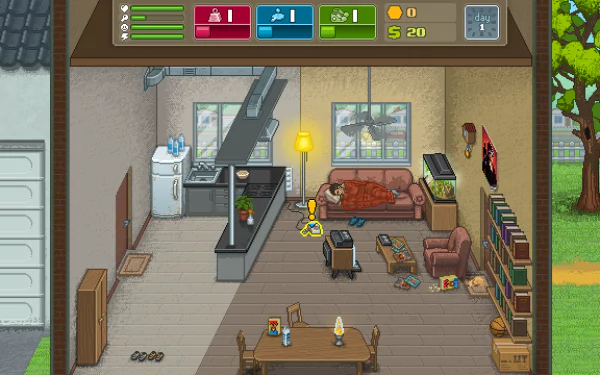 HD desktop wallpaper of Punch Club game scene depicting a character in a detailed, cozy apartment interior.