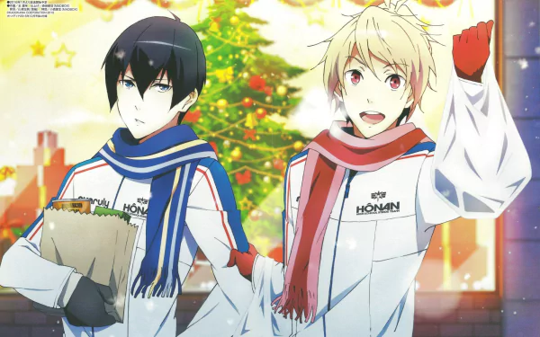 HD anime PC wallpaper featuring Riku Yagami and Takeru Fujiwara from Prince of Stride Alternative, dressed in winter attire with a decorated Christmas tree backdrop.
