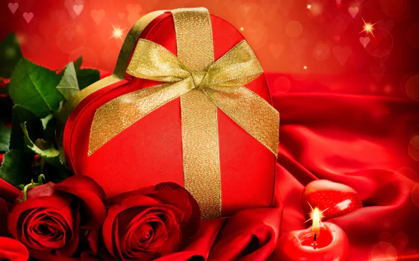 HD desktop wallpaper featuring a heart-shaped red box with a gold ribbon, red roses, a glowing candle, and a romantic Valentine's Day theme.