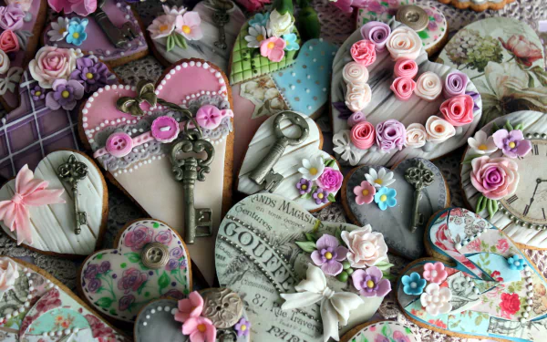 A vibrant collection of heart-shaped cookies adorned with pastel colors, keys, and floral decorations, capturing the spirit of love and celebration for Valentine's Day.