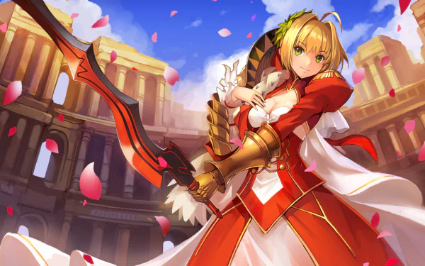 Red Saber from the Fate series stands confidently in a grand setting, wielding a sword. Her blonde hair, green eyes, and flower accent complement her armored red dress amidst falling petals.