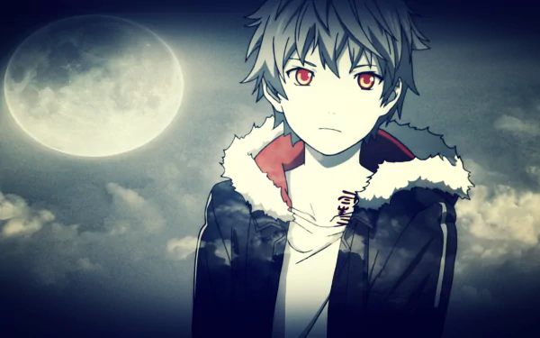 Yukine from Noragami stands against a moonlit background, showcasing his striking red eyes and casual attire, creating a captivating anime wallpaper for HD screens.