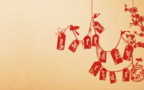 HD desktop wallpaper featuring red Happy New Year hangtags and decorations for Chinese New Year on a beige background.