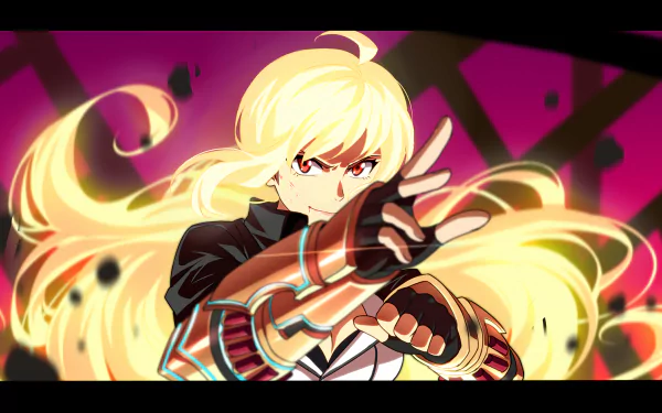 HD PC desktop wallpaper featuring Yang Xiao Long from RWBY in her Hunter Outfit, depicted in dynamic anime style with vibrant colors and intense expression.