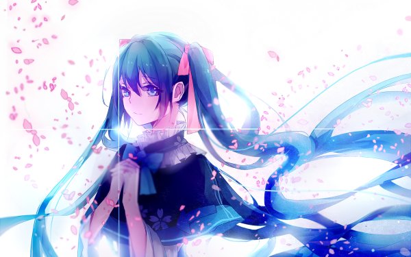 Anime Vocaloid Hatsune Miku Twintails Long Hair Blue Hair Blue Eyes Cherry Blossom Flower bow Light HD Wallpaper | Background Image