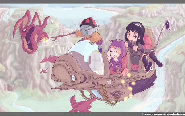 HD anime wallpaper featuring Pilaf, Shu, and Mai from Dragon Ball Z riding a futuristic flying vehicle with a small dragon against a cloudy sky background.