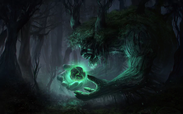 A magical forest scene featuring a giant, fantasy creature holding a glowing, green orb. The HD desktop wallpaper showcases the enchanting and mysterious atmosphere of the dark woods.