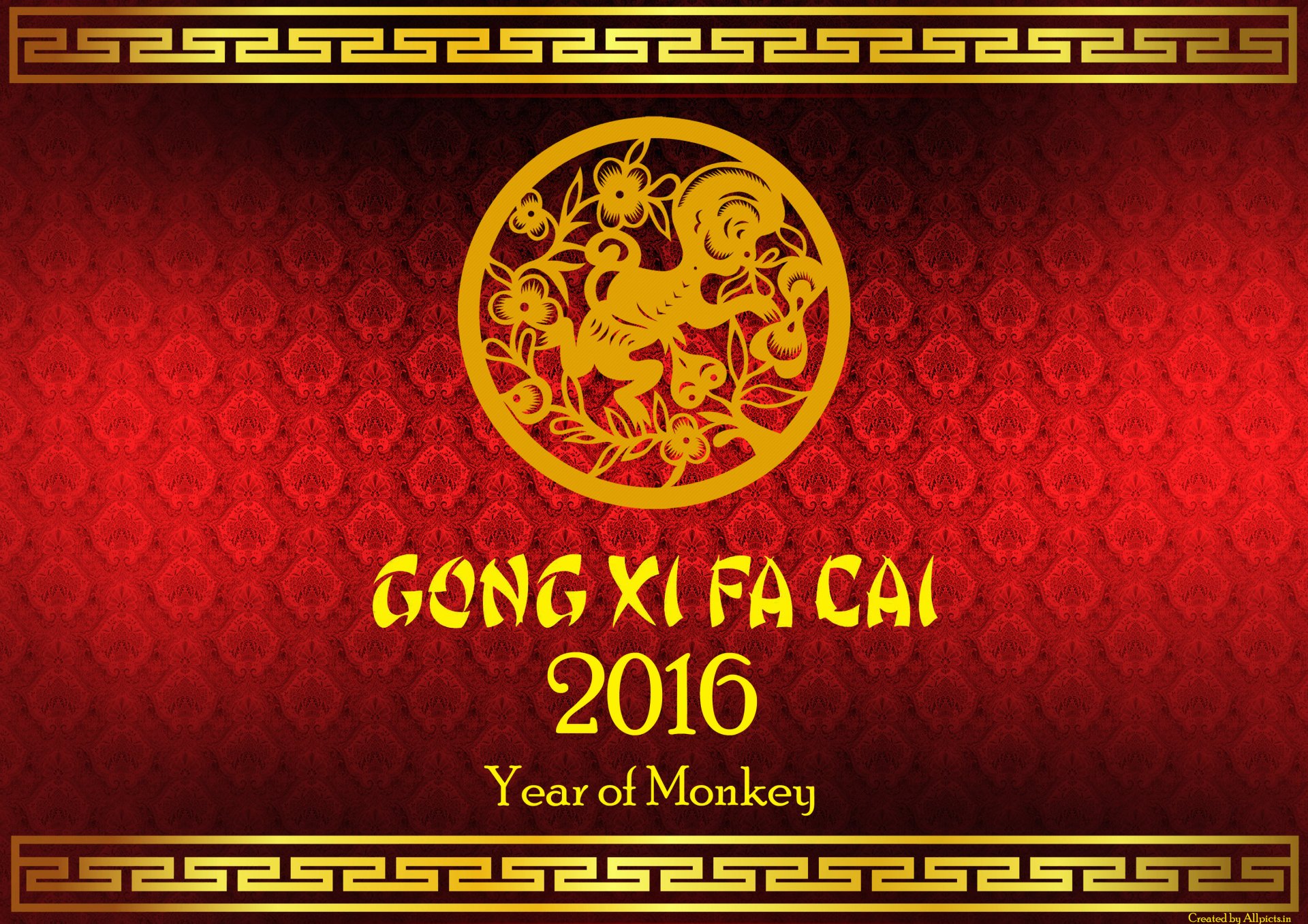 HD Chinese New Year 2016 desktop wallpaper featuring a red and gold design with a monkey emblem, celebrating the Year of the Monkey and the holiday greeting Gong Xi Fa Cai.