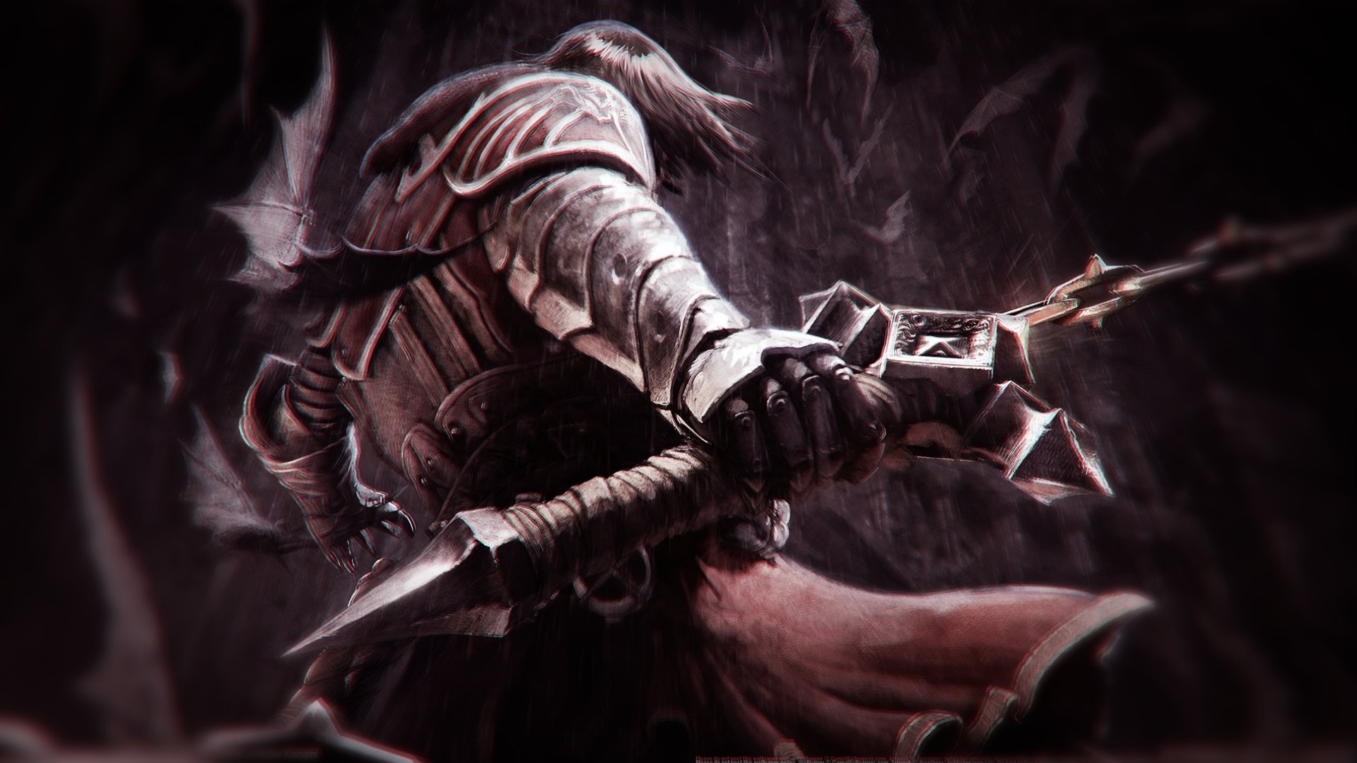HD PC wallpaper featuring Gabriel Belmont from Castlevania: Lords of Shadow, wielding his weapon against a dark, shadowy backdrop with a gothic atmosphere.