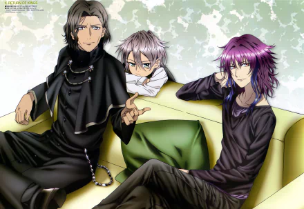 Sukuna Gojo, Yukari Mishakuji, and Tenkei Iwafune from K Project pose on a couch in this vibrant 4K Ultra HD anime desktop wallpaper.