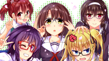A vibrant HD wallpaper featuring characters from Saekano: How to Raise a Boring Girlfriend, showcasing five girls in playful poses against a colorful background.