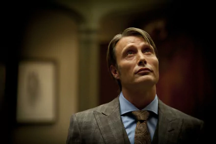 HD PC desktop wallpaper from the TV show Hannibal: a composed man in a tailored suit gazes upward in a dim, elegant room, moody cinematic lighting.