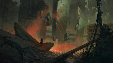 A captivating post-apocalyptic sci-fi city, featuring lush ruins and eerie glowing structures, set against a backdrop of swirling smoke and shadows. A striking 4K Ultra HD wallpaper.