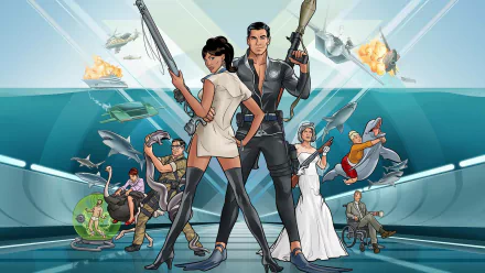 HD PC desktop wallpaper featuring characters from the TV show Archer in dynamic poses aboard a high-tech submarine setting.