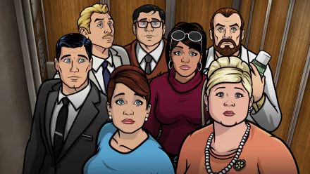 HD PC desktop wallpaper featuring main characters from the TV show Archer, showcasing their distinct animated styles and expressions.