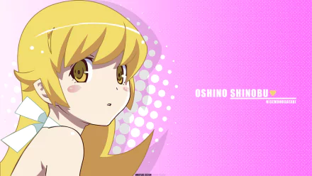 HD anime desktop wallpaper of Shinobu Oshino from the Monogatari series: blonde hair, yellow eyes, gazing sideways against a pink, dotted background.