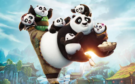 HD desktop wallpaper featuring Po from Kung Fu Panda 3 surrounded by baby pandas in a scenic, animated landscape.