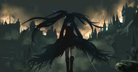 Anime-style HD desktop wallpaper featuring a character with long blue hair, holding a sword, standing with their back facing the viewer. The background showcases dark, ominous towers reminiscent of Bloodborne and Black Rock Shooter.