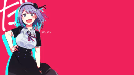 A vibrant HD wallpaper featuring Shidare Hotaru from Dagashi Kashi. She has purple hair, blue eyes, and a playful smile, wearing a headband and a stylish black outfit against a bright pink background.